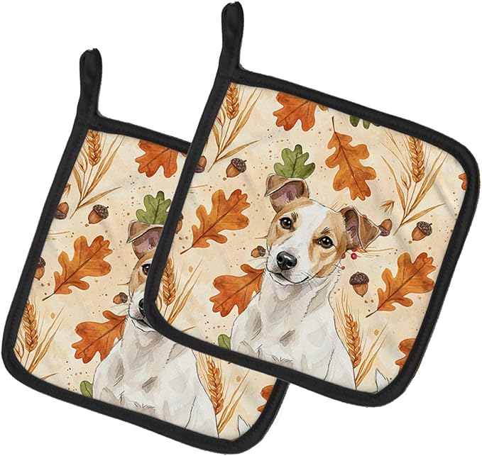 Caroline's Treasures White and Tan Jack Russell Terrier Heirloom Fall Pair of Pot Holders Pair 7.5x7.5 Quilted Insulated Hot Pads Decorative Kitchen Gift Made in USA