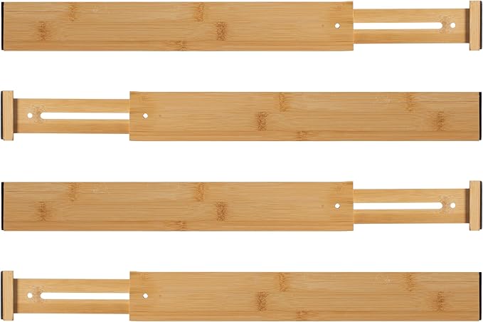 Basicwise 4 Piece Bamboo Expandable Drawer Dividers Adjustable Spring Loaded Organizers for Kitchen Utensils Clothes and Makeup Tools Perfect for Home Organization in Bedroom Bathroom Dresser & Desk