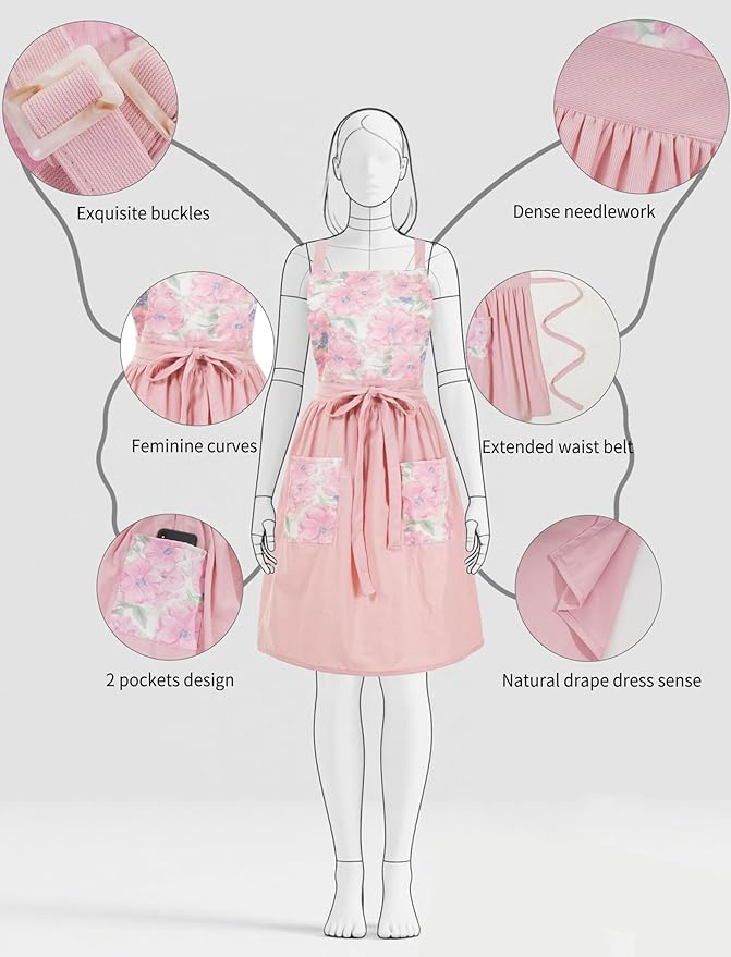 Pinknoke Vintage Pinafore Apron Dress for Women with Pockets Cute Floral Chef Aprons for Kitchen Cooking Baking Gardening