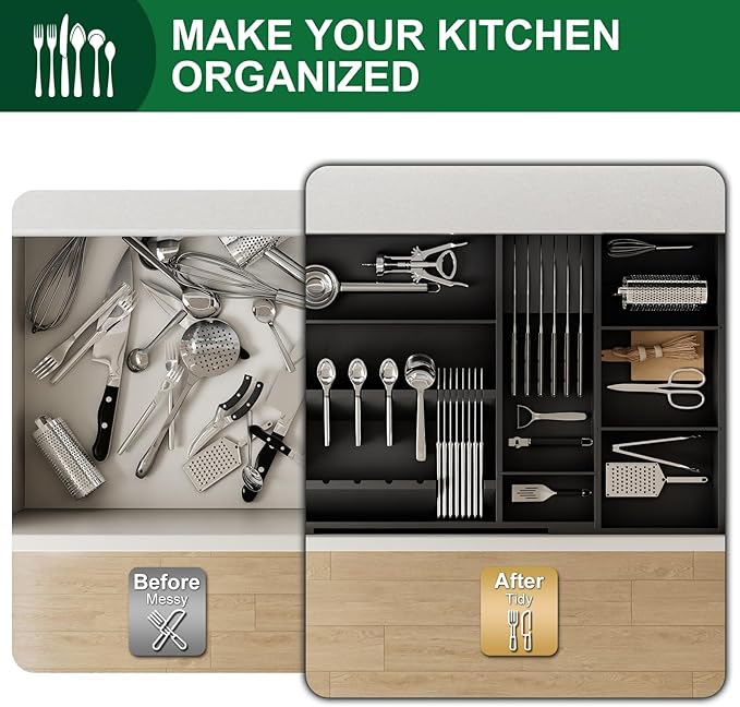 Bamboo Silverware Drawer Organizer, 17.7-29.5 Inch Expandable Large Kitchen Drawer Organizer, 5-8 Slot Flatware with Removable Card Slots & Knife Block for Spoon Butter Knive, Black