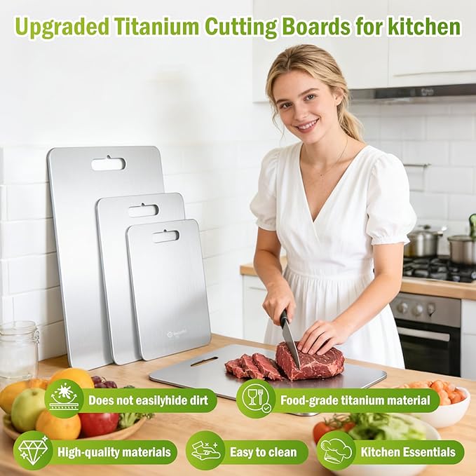 Titanium Cutting Boards Set of 3, 100% Pure Titanium Cutting Boards for Kitchen,cutting boards non toxic is dishwasher safe and ideal for separating raw meat, fruits, vegetables