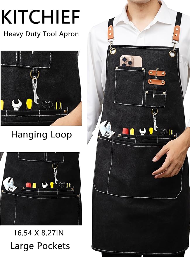 KITCHIEF Woodwork Aprons for Men,Tool Apron with loop and Pockets,Cross Back Heavy Duty Workshop Apron for Carpenter,Garden