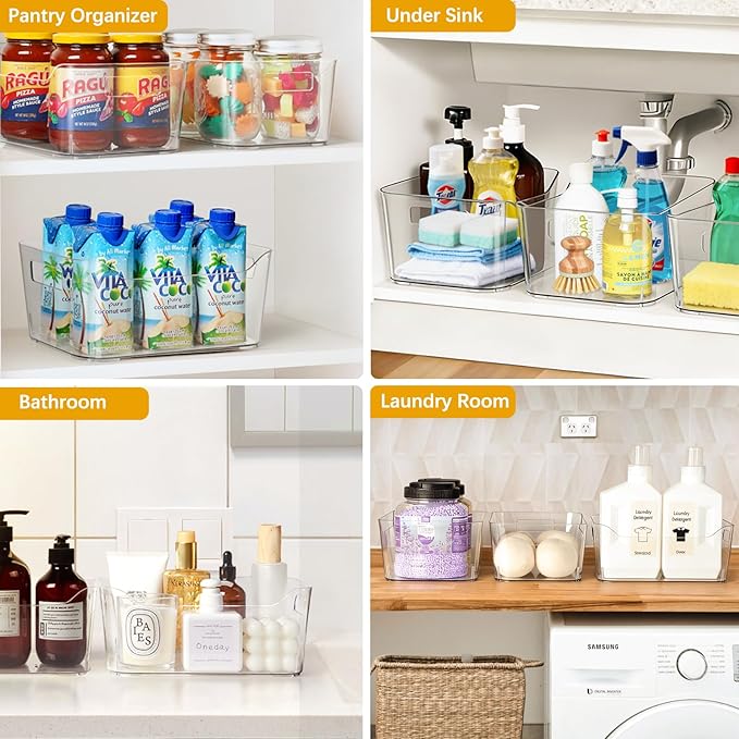 Hudgan 12 Pack Pantry Storage Bins for Kitchen Cabinet, Clear Plastic Organizer Bins for Bathroom, Pantry Organizer Containers for Home Edit, Drawer, Under Sink, Fridge and Closet