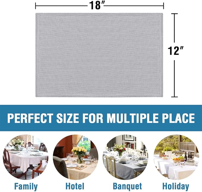 H.VERSAILTEX Linen Placemats Set of 8 Premium Solid Table Mats for Dining Table Spill-Proof Waterproof Heat-Resistant Kitchen Mats Washable, 12x18 inches, Grey