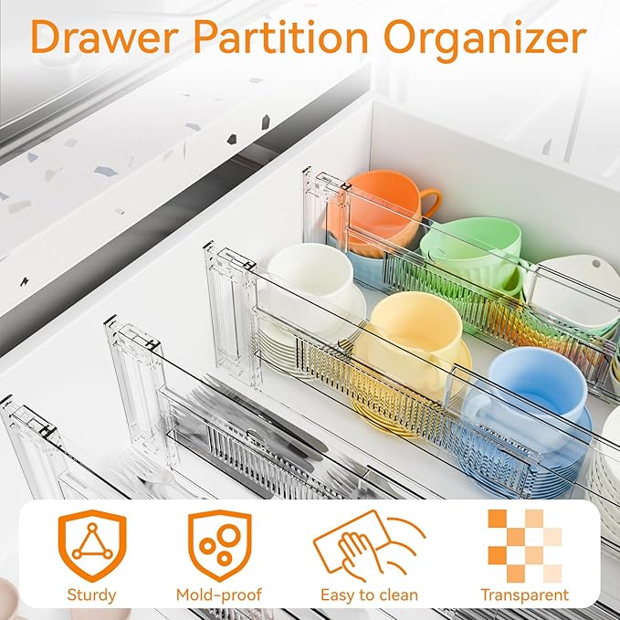 Yieach 12 Pack Clear Acrylic Drawer Divider 6 Inch High,Expandable from 14-20'',Adjustable Dresser Drawer Dividers for Baby Clothing,Underwear and Sock,Separators,Deep Drawer Separators for Kitchen