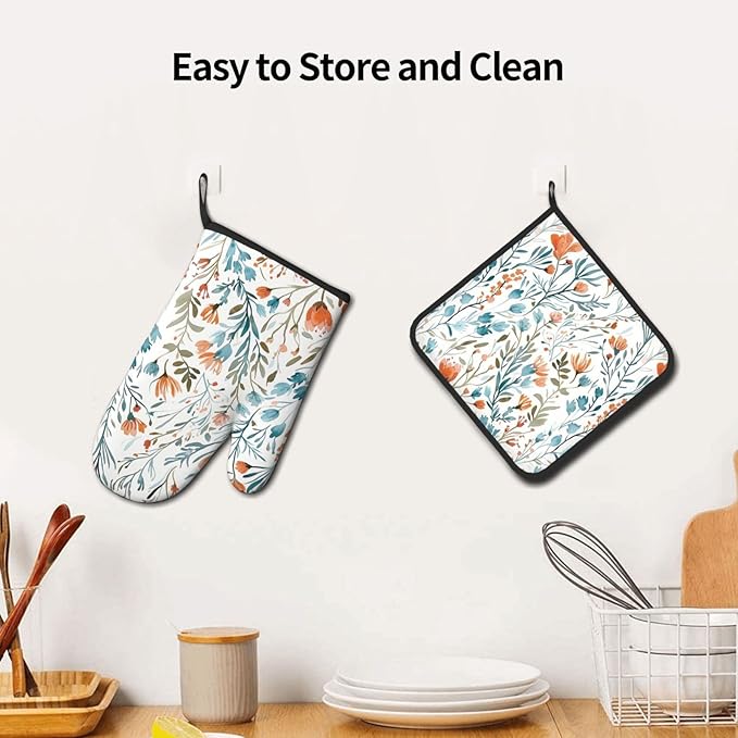 Teal Orange Watercolor Floral Oven Mitts and Pot Holders Sets of 3, Heat Resistant Non-Slip Washable, Chef Cooking Baking Gifts for Women Bakers, Burnt Orange Blue Green Flowers Charming Kitchen Decor