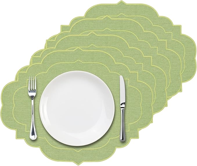 Cotton Linen Oval Placemats Set of 4, HADEEONG Table Mats Cloth Placemats, Washable Wrinkle Resistance, Scalloped & Embroidered Fabric Placemats, 17.71 x 13.77inch (Green, 4)