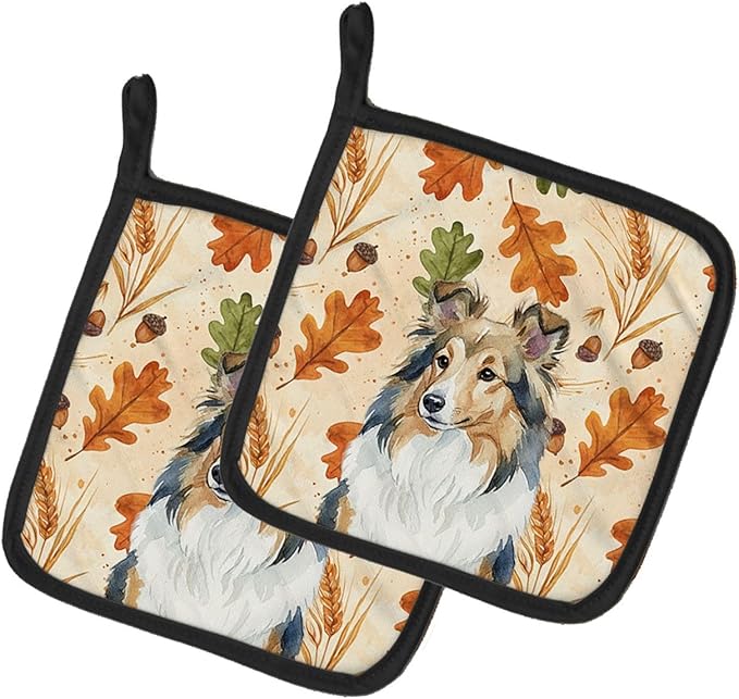 Caroline's Treasures Sable Sheltie Heirloom Fall Pair of Pot Holders Pair 7.5x7.5 Quilted Insulated Hot Pads Decorative Kitchen Gift Made in USA