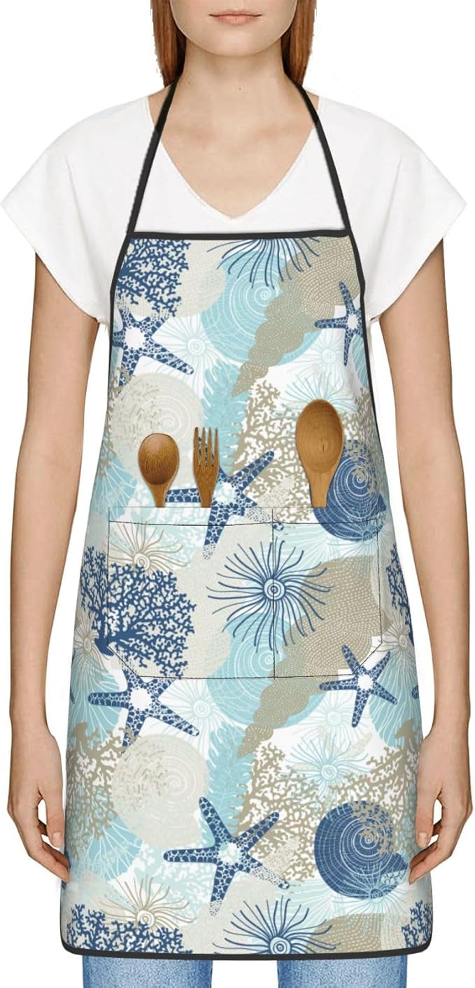 Nautical Coastal Oven Mitts Pot Holders Cooking Apron Set of 5 Silicone Starfish Seashell Coral Algae Beach Themed Blue Kitchen Glove Apron Non-Slip Heat Resistant for Chef Baking Cooking