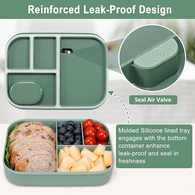 Caperci Stackable Bento Lunch Box for Adult & Teens - Reinforced Leak-Proof Lunch Container 4-Compartment with Utensils & Sauce Container, BPA-Free, Dishwasher/Microwave Safe, 47oz (Khaki Green)