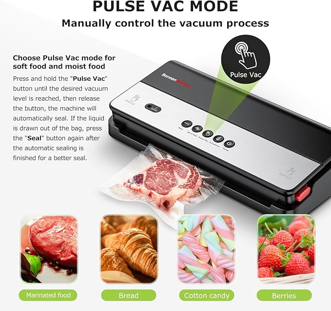 Bonsenkitchen Vacuum Sealer, Multi-Functional Food Sealer with 1 Roll Bag+ 50 Bags, Fast-Compact Design | Bag Storage | Built-in Cutter, External Vacuum System & Accessory Tube, Silver