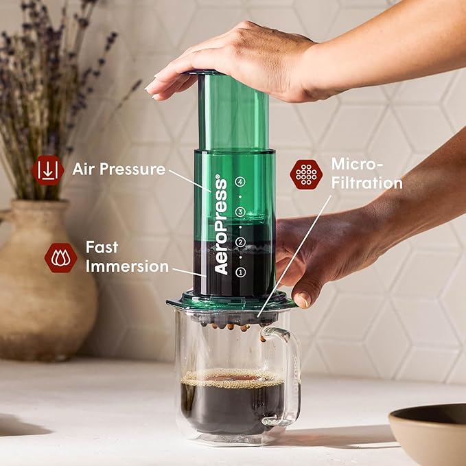 AeroPress Clear Green Coffee Press - All-in-One French Press, Pour-Over & Espresso Style Manual Brewer, 2 Min Brew for Less Bitterness, More Flavor, Small Portable Coffee Maker, Travel & Camping
