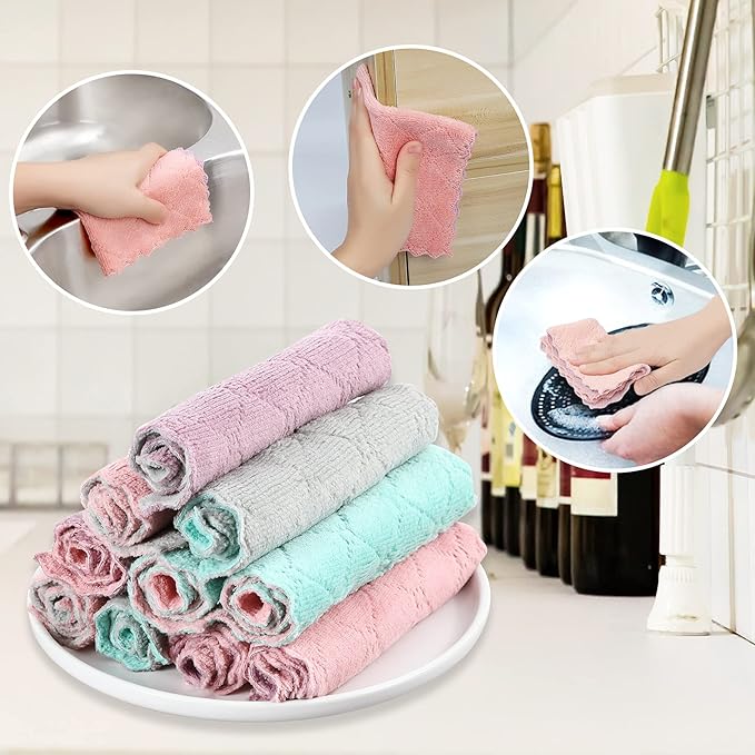 GADIEDIE 10Pack Kitchen Cloth Dish Towels,Super Absorbent Coral Velvet Dishtowels,Nonstick Oil Washable Fast Drying,Double-Sided Dish Towel,Used for Table Dish Glass Pet Paw（5Colors）