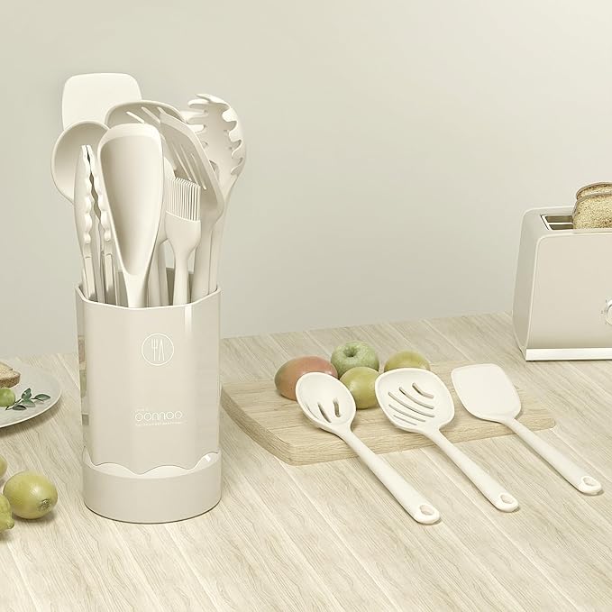 oannao Silicone Kitchen Utensils Set, 600°F Heat Resistant Silicone Cooking Utensils, Spatula, Spoon, Whisk, Tongs, Kitchen Gadgets for Nonstick Cookware, Dishwasher Safe BPA Free (Cream White)