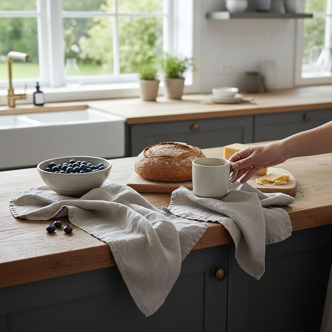 Linen Kitchen Dish Towels – 20” x 27” – 100% Pure Stonewashed Linen Hemstitch Hand Towel/Tea Towel - Set of 2 (Natural)