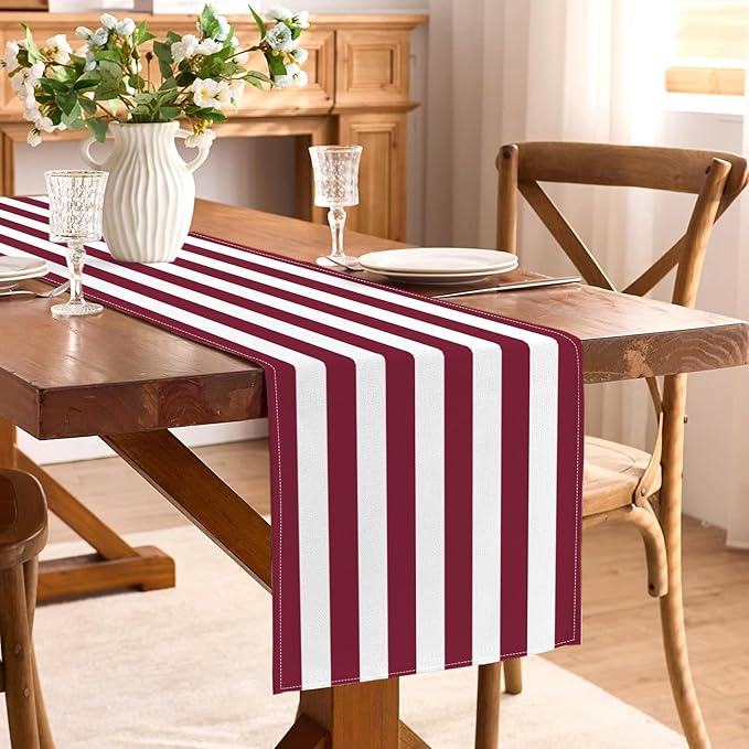 Burgundy and White Striped Table Runner Vintage Dark Wine Red Wedding Bridal Shower Party Decoration Christmas Dining Room Home Kitchen Table Decor (Burgundy, 13" x 72")