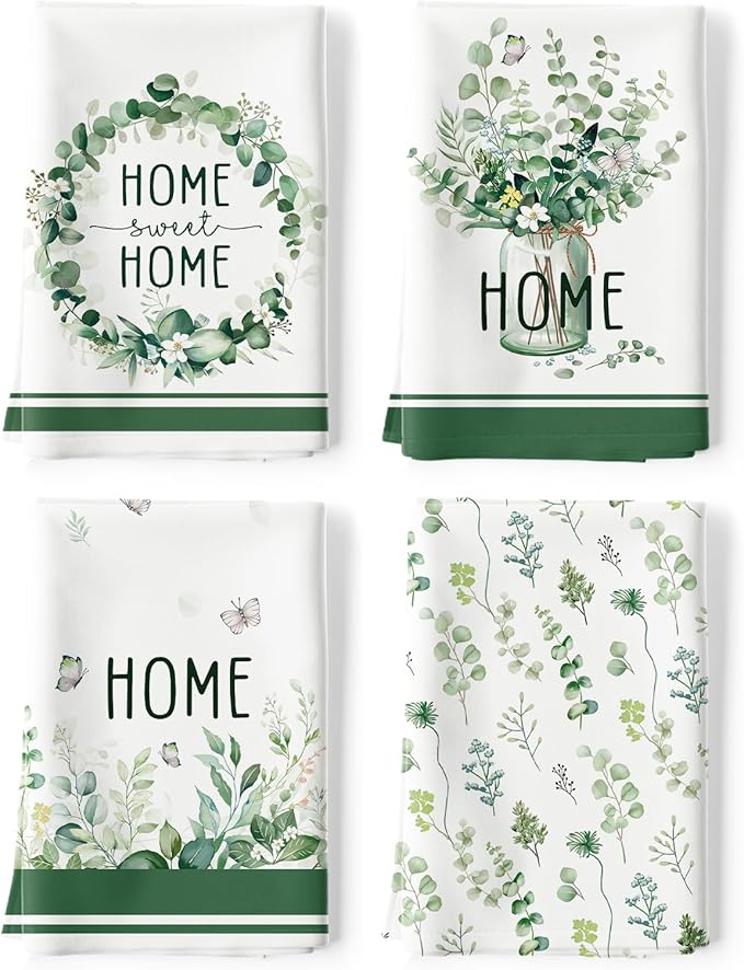 Eucalyptus Leaves Tea Towels, Cotton Kitchen Towel 18.9 × 27.5 inch, Quick Drying Dish Cloth for Party Anniversary Holiday Decoration, Housewarming Gifts for Mom