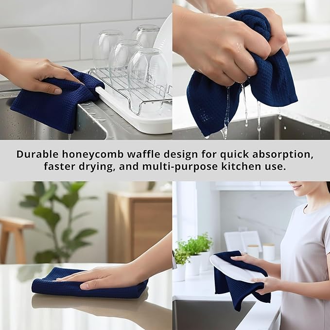 PurpleEssences Waffle Weave Kitchen Towel, 100% Cotton - 15x25 Inches with Hanging Loop, Ultra Soft Absorbent Quick Drying Dish Cloth, Tea and Hand Towels, 4 Pack - Spring Easter Summer - Navy Blue