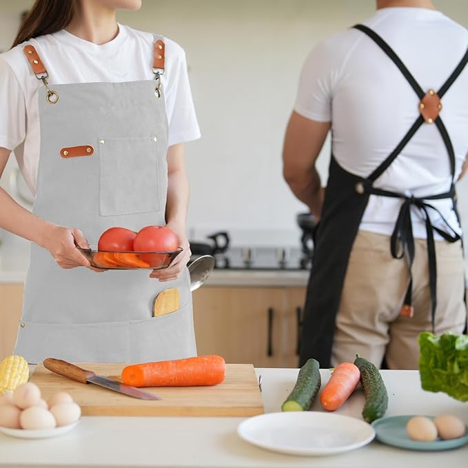Aoomzoon Canvas Aprons for Men Chef Apron, Work Apron with Large Pockets - 16oz Heavy Duty Cross Back, BBQ, Cooking