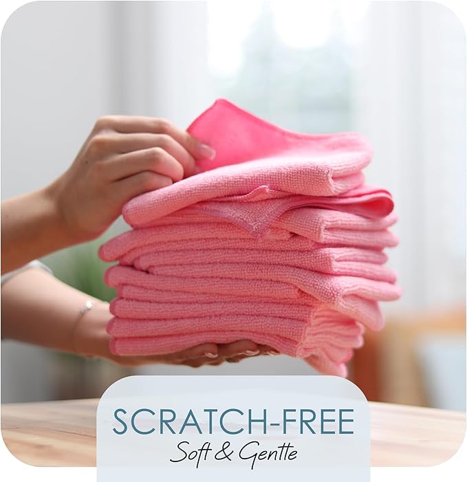 Hearth & Harbor Microfiber Cleaning Cloth, Towels for Cars 144 Pack Washcloths, Pink Rags, Reusable Towel, Cloth Rags Cleaning, Lint Free 12''x12''
