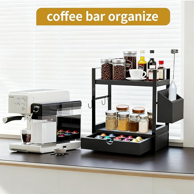 2-Tired Bathroom Counter Organizers and Storage, Coffee Bar Organizer with Drawer, Solid Wood Skincare Perfume Organizer for Vanity Kitchen Corner Shelf Office Countertop (Black)