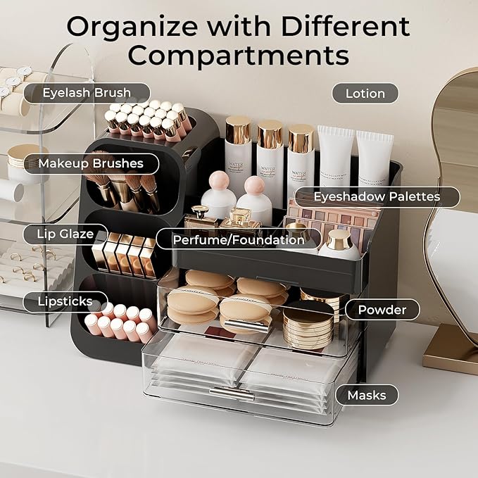 Makeup Organizer for Vanity with Brush Holder, Large Plastic Bathroom Countertop Skincare Organizer with 2 Drawers, Spacious Cosmetic Display Case for Perfumes, Eyeshadow Palettes, Nail Polishes