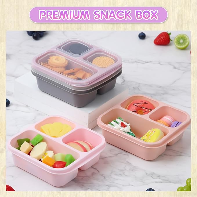 Honeydak 5 Pack Snack Containers 3 Compartment Bento Snack Boxes Divided Meal Prep Containers with Lids Reusable Adults Lunch Food Storage Box for School Work Travel(Pink Gray)