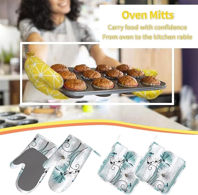 Teal Daisy Oven Mitts Pot Holders Cooking Apron Set of 5 Silicone Farm Teal Daisy Floral Flowers and Butterfly Kitchen Glove Apron Non-Slip Heat Resistant for Chef Baking Cooking Grilling