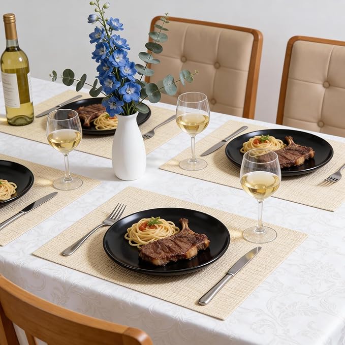 Timeet Placemats Set of 6, Heat Resistant Non-Slip Place Mats for Dining Table, Durable Washable PVC Vinyl Woven Table Mats, Linen Textured Placemats for Kitchen Resistant Easy to Clean(Beige