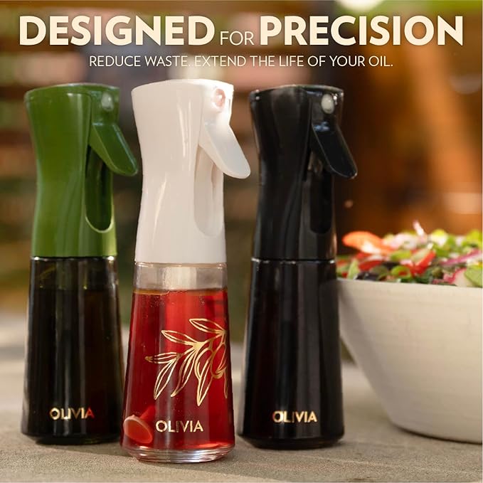 OLIVIA Signature Oil Sprayer for Cooking, 200ml Glass Olive Oil Sprayer, Continuous Cooking Spray Bottle with Portion Control, Olive Oil Dispenser for Kitchen, Air Fryer, Salad, BBQ (Golden Leaves)