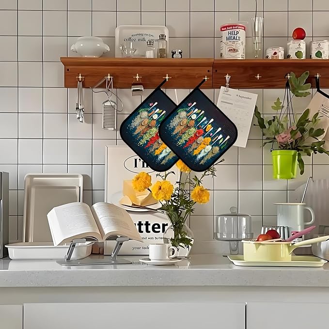 Colorful Various Herbs Pot Holders Set of 2,Kitchen Heat Resistant Potholder for Microwave Cooking Baking Oven and BBQ