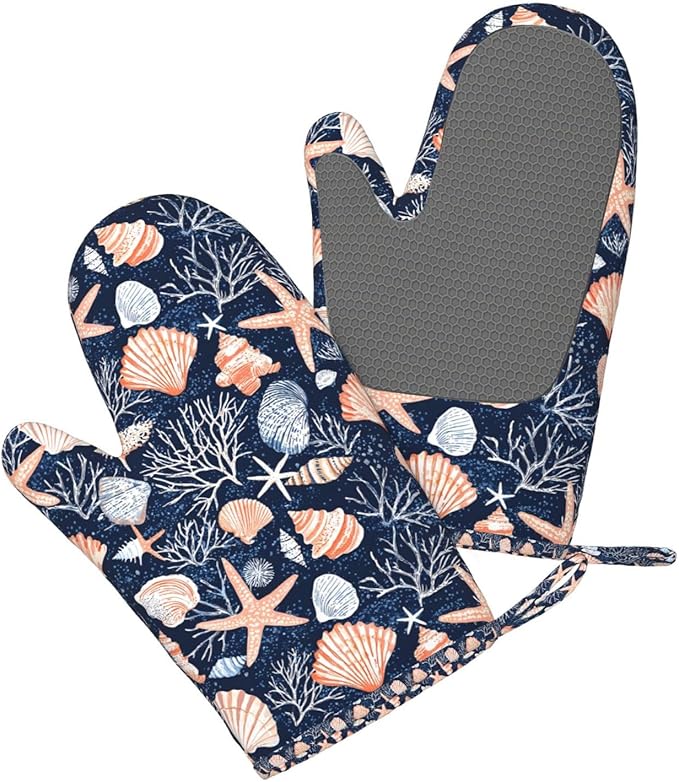 Seashell Silicone Oven Mitts Set of 2, Heat Resistant up to 500°F, Kitchen Oven Gloves with Non-Slip Grip and Soft Cotton Lining for Baking, Cooking and BBQ