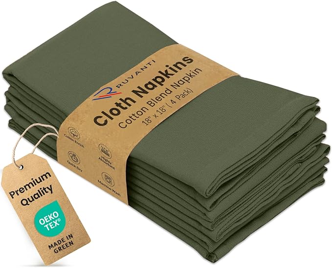 Ruvanti Cloth Napkins Set of 4, 18x18 Inches Napkins Cloth Washable, Soft, Durable, Absorbent, Cotton Blend. Table Dinner Napkins Cloth for Hotel, Lunch, Restaurant, Wedding Parties - Martini Olive