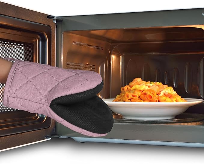 Short Oven Mitts, Heat Resistant 500°F, Silicone Grip Kitchen Gloves, Non-Slip for Baking, Grilling, BBQ, Machine Washable with Hanging Loop, 2-Pack Set, Light Pink