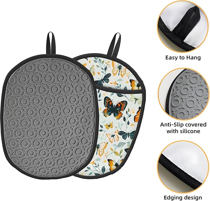 Butterfly Silicone Pot Holders Set of 2, Heat Resistant up to 500°F, Non-Slip Kitchen Hot Pads with Pocket and Soft Quilted Cotton Lining for Baking, Cooking and Hot Pots