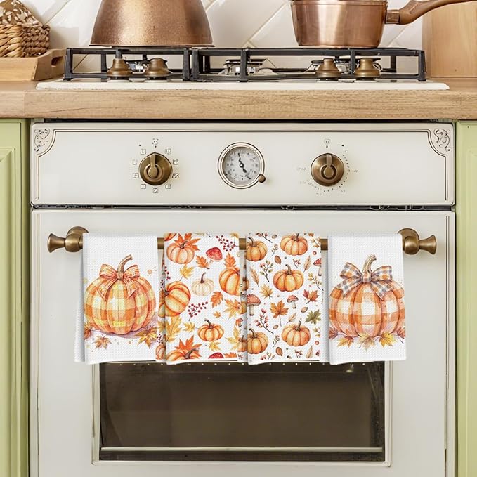 4 Pcs Fall Pumpkin Decor Kitchen Towels, Plaid Pumpkin Soft Absorbent Tea Hand Towel, Microfiber Dish Cloths for Drying Dishes, Waffle Dish Towels Fall Gifts for Kitchen Bathroom Home Decor
