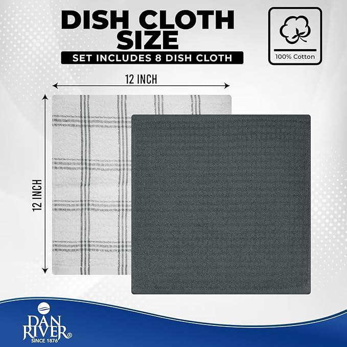 DAN RIVER Premium Dish Cloth 100% Cotton 12 X 12 Inches |Pack of 8|-Ultra Soft Tea Towels-Highly Absorbent Kitchen Rags-Terry Dishcloth for Kitchen and Household Cleaning |Grey|