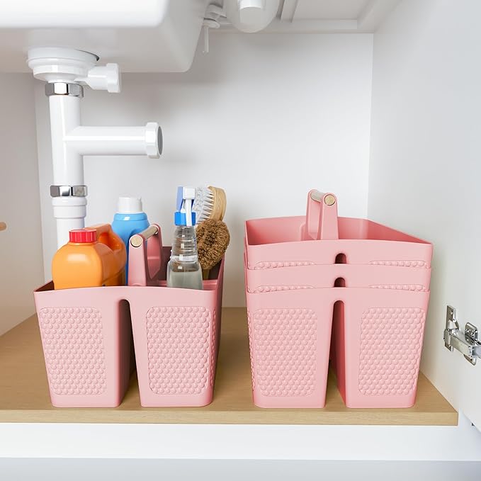 Shower Caddy Portable and Cleaning Caddy Organizer for Bathroom, Kitchen, Toiletries Storage ，Caddy organizer with handle, Rust-Resistant, Durable Material (Pink, 9.36" L×7.73" W×7.24" H)