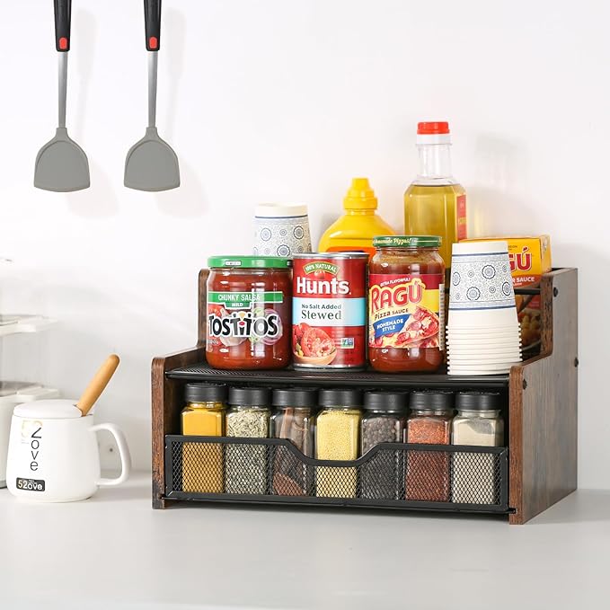 Bathroom Counter Organizer，Wood & Iron Spice Rack Organizer - Space Saving Desktop Storage Shelf for Kitchen Countertop, Office, Bathroom,Easy Assembly
