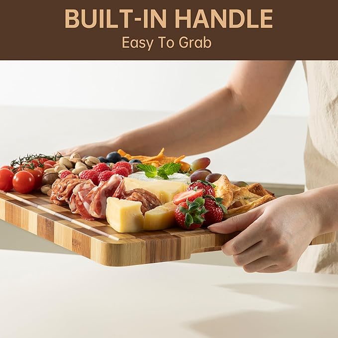 Bamboo Cutting Boards for Kitchen, End Grain Wood Cutting Board with Juice Grooves & Handles, Charcuterie Checkered Chopping Board Thick Butcher Block Serving Tray with Gift Box, 16.5"×11.6"× 1"