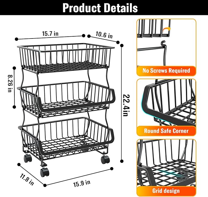 Gsiekare 3-Tier Rolling Pantry Organizer and Storage Cart with Wheels – Stackable Wire Snack Cart for Kitchen, Pantry Shelves and Storage Rack for Fruit, Vegetables, Onion, Potato (1 Pack)