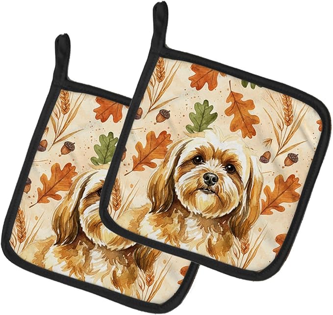 Caroline's Treasures Gold Lhasa Apso Heirloom Fall Pair of Pot Holders Pair 7.5x7.5 Quilted Insulated Hot Pads Decorative Kitchen Gift Made in USA