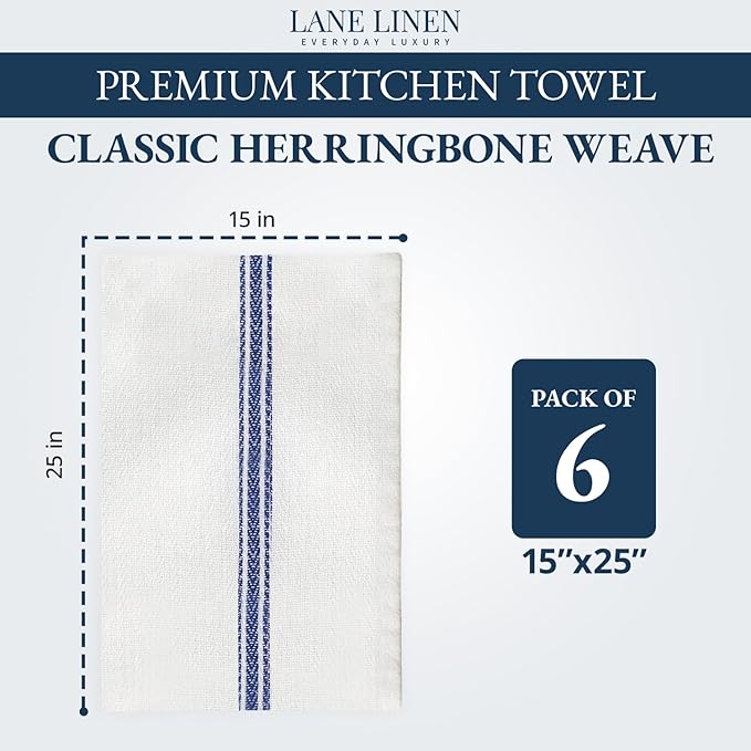 LANE LINEN Kitchen Towels, 6 Pack 14"x25" Dish Drying Towels, 100% Cotton Tea Towel with Hanging Loop, Reusable Napkin, Durable After Multiple Washes, Soft & Absorbent - Blue Stripe