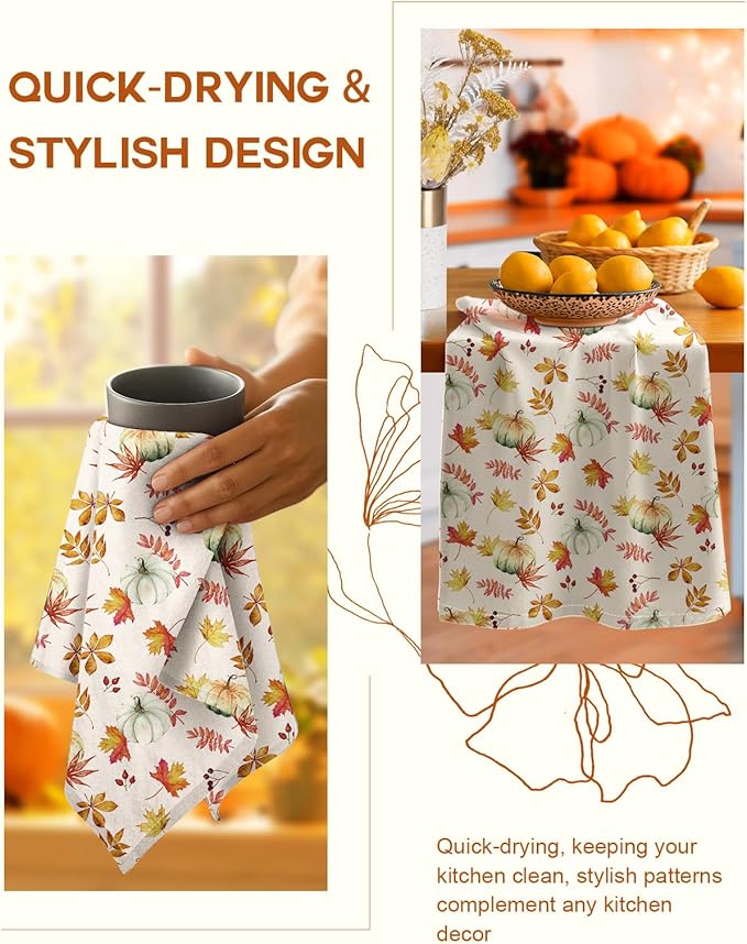Miss Adola Flour Sack Kitchen Towels Set of 2-18x26 Inch Dish Towels with Hanging Loop Autumn Fall Absorbent Reusable Cotton Cloths for Cleaning Cute Design Home Decor Housewarming, Pumpkin Leaf