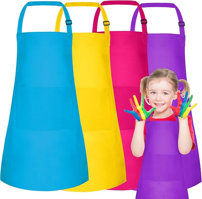 PLULON 4 Pcs Kids Aprons with 2 Pockets Painting Aprons for Kids Aprons Bulk, Paint Apron Adjustable Children Chef Aprons for Girls Boys Painting Baking Cooking Crafting - 4 Colors