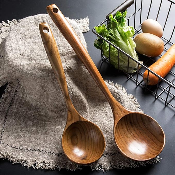 2 Pcs Wooden Spoon Ladle for Cooking Spoons Best Non Toxic Kitchen Tools -14 inch Long Kitchen Cooking Utensil & 11 inch Best Wood Spoons Large Deep Ladle Serving Spoons Soup Ladles Set