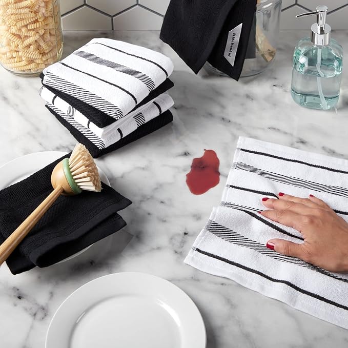 KitchenAid Albany Dishcloth 8 Pack Set, Matte Black/White, 12"x12"