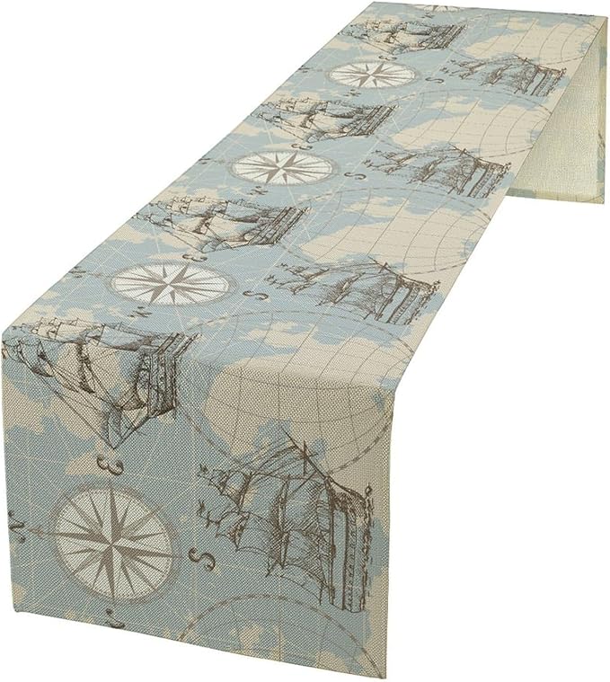Nautical Table Runner Vintage Map Sailboat Art Printed Runner for Home Kitchen Dining Table Living Room Decor Fabric 1 Panel W13xL108in