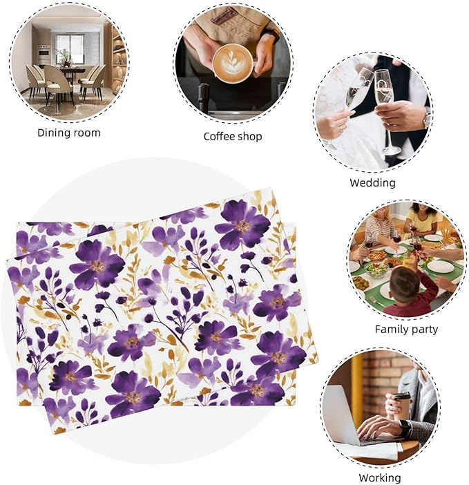 Purple Floral Linen Placemats Set of 4, Gold Accented Flowers Printed Place Mats for Dining Table, Kitchen, Party, Heat Resistant Non-Slip Purple Table Mats, Gift for Wedding, Spring Easter Home Decor