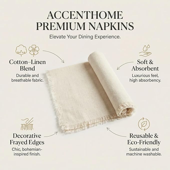 ACCENTHOME Natural Cotton Linen Napkin Set of 12 18x18 inch Dinner Napkins - Washable Soft Premium Hotel Quality Reusable Hemmed Edges Napkins Perfect Table Linens for Family Dinners, Weddings